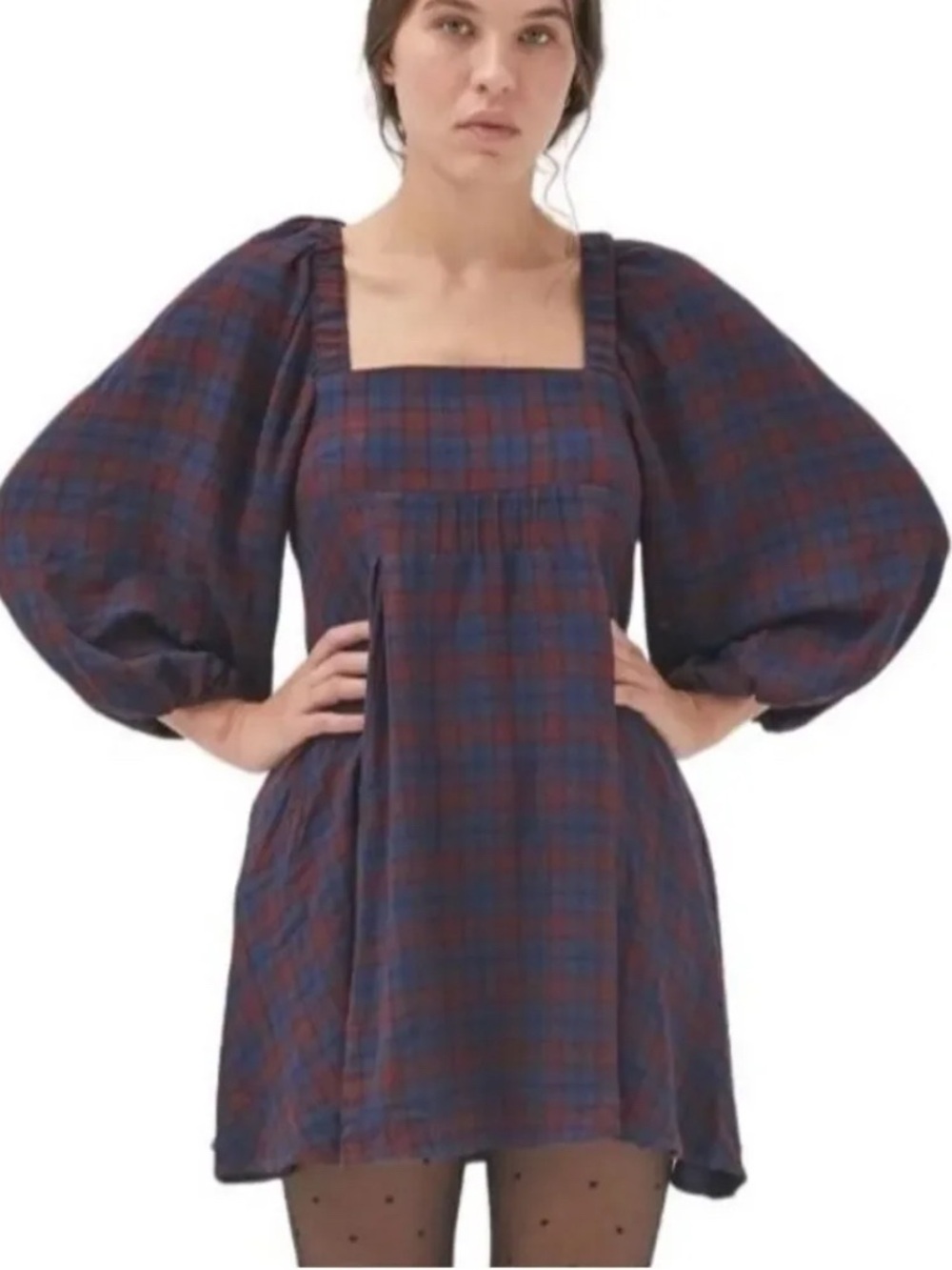 Urban Outfitters Navy and Burgundy Plaid Puff-Sleeve Square-Neck Mini Dress